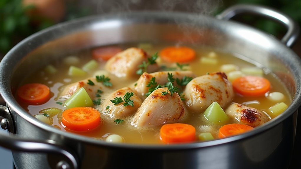 add chicken and broth