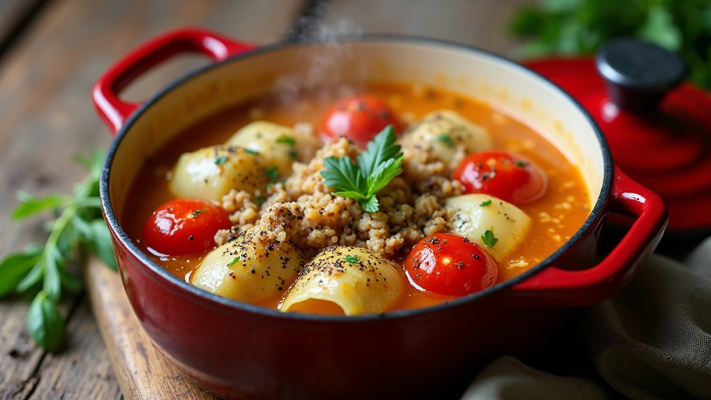 add tomatoes seasonings simmer
