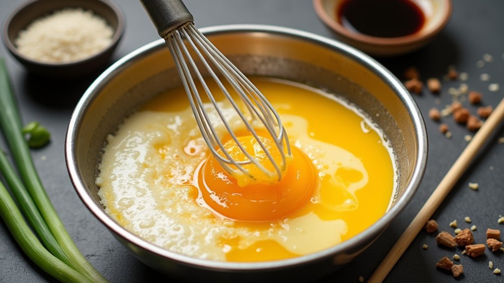 whisking eggs for soup